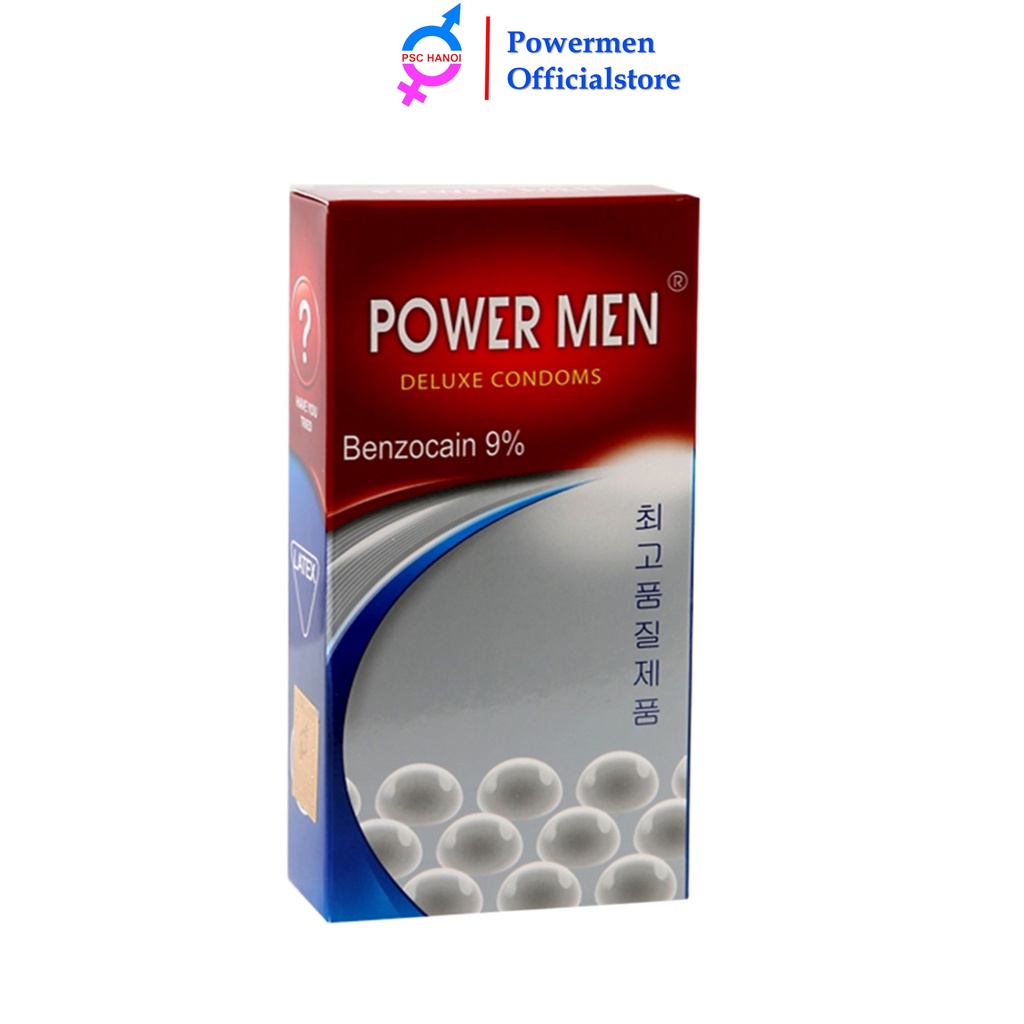 Bao cao su Powermen Longer plus siêu mỏng có gân gai nổi chứa 9% Benzocain kéo dài thời gian hộp 12 BCS