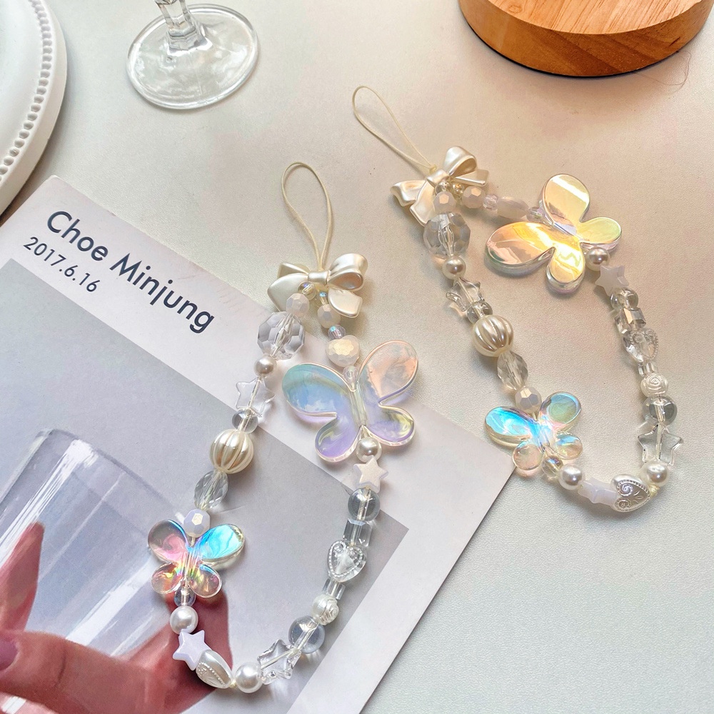 Dây Đeo Điện Thoại Bằng Acrylic Mềm Chống Thất Lạc Đính Hạt Ngọc Trai Hình Bướm Nhiều Màu Dễ Thương