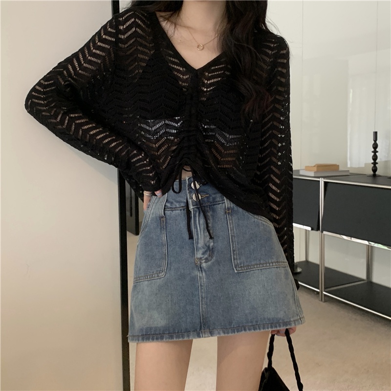 Áo Len Tay Dài Cổ Chữ V Dáng Rộng Phối Dây Rút Thời Trang Mùa Hè Mới