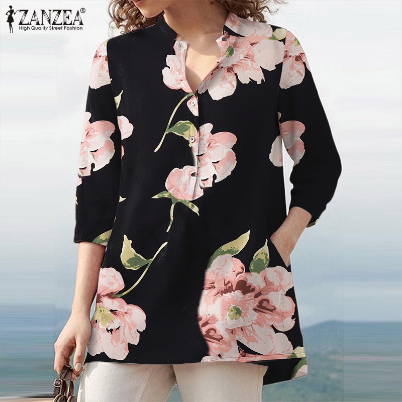 Áo sơ mi ZANZEA tay dài 3/4 dáng rộng cài khuy in hoa phong cách retro thời trang cho nữ