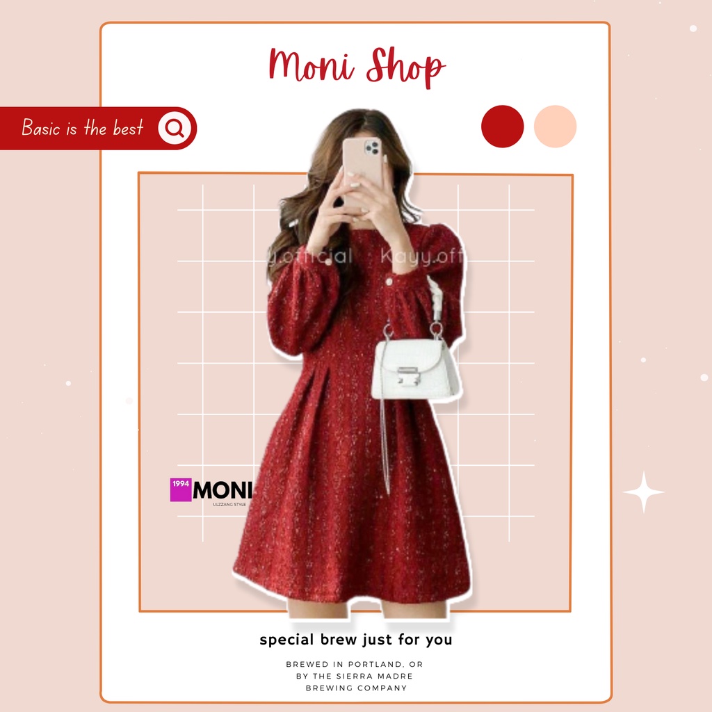 Đầm dạ bố tay dài phối nút ngọc cổ tròn dáng chữ A màu đỏ mận