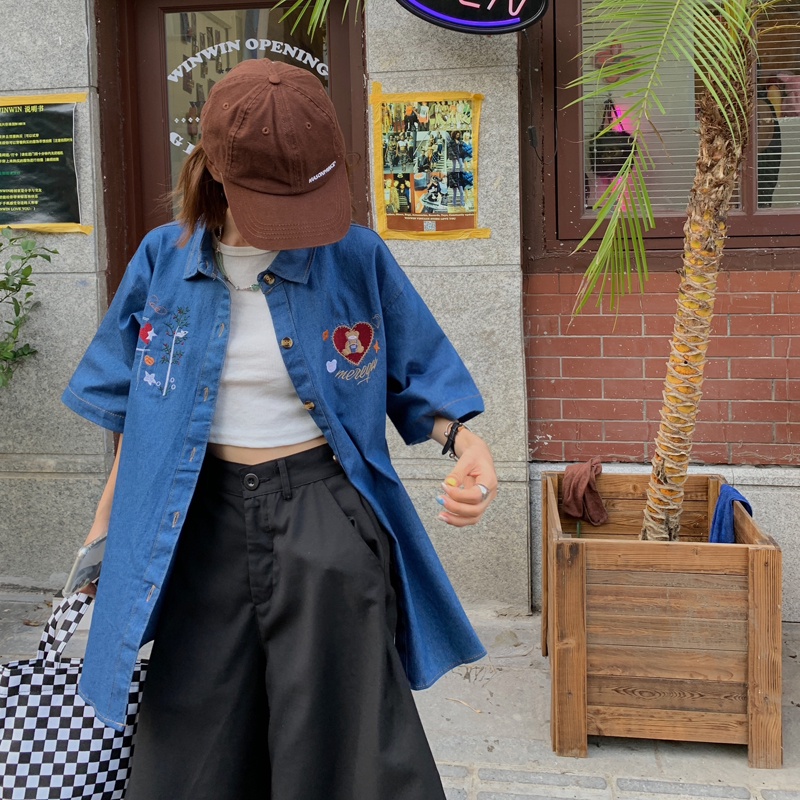  Áo sơ mi denim tay ngắn dáng rộng thêu họa tiết phong cách harajuku retro cho nữ | BigBuy360 - bigbuy360.vn