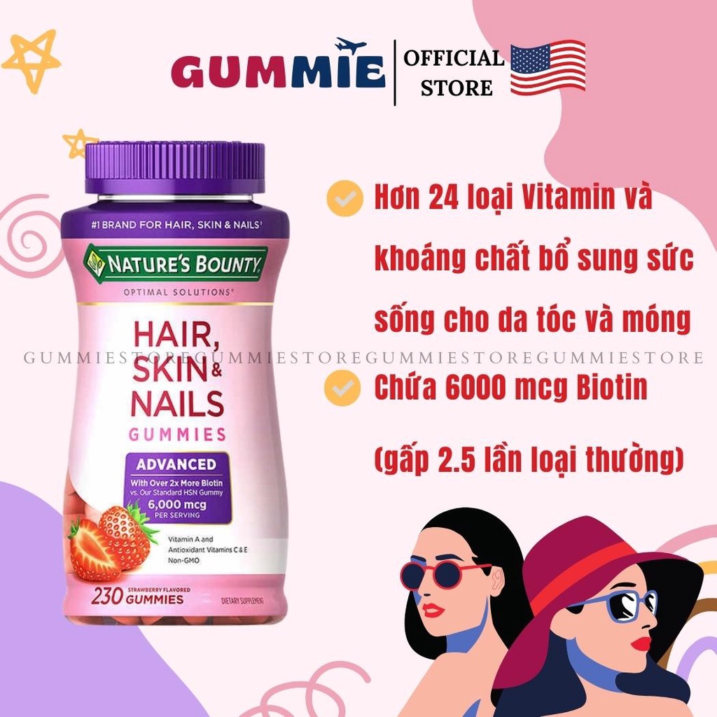 Kẹo dẻo hỗ trợ tóc dày, da đẹp, móng khỏe Hair Skin Nails Gummies Nature’s bounty Mỹ 230 viên chính hãng (date 2023)