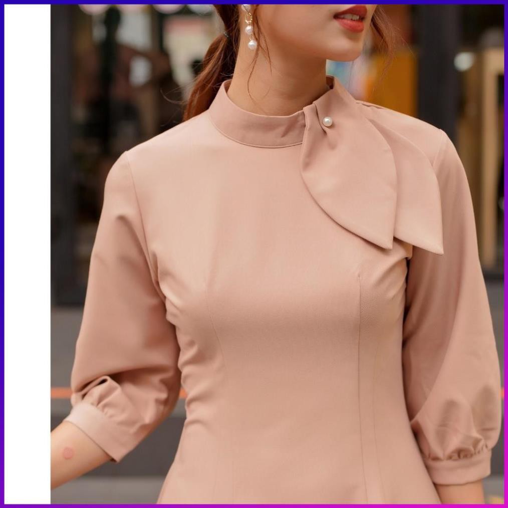 Váy Đầm Công Sở Nữ Tà A Cổ Nơ Tay Lở Dún Vải Dãn Nhẹ Màu Vàng | BigBuy360 - bigbuy360.vn
