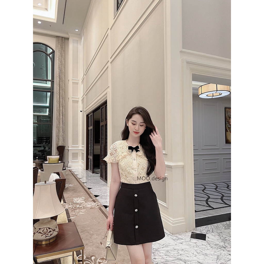 Áo tiểu thư, áo ren sơ mi cánh tiên khuy đá, chất ren thêu, kèm nơ cài,MOO Design - ARMD9