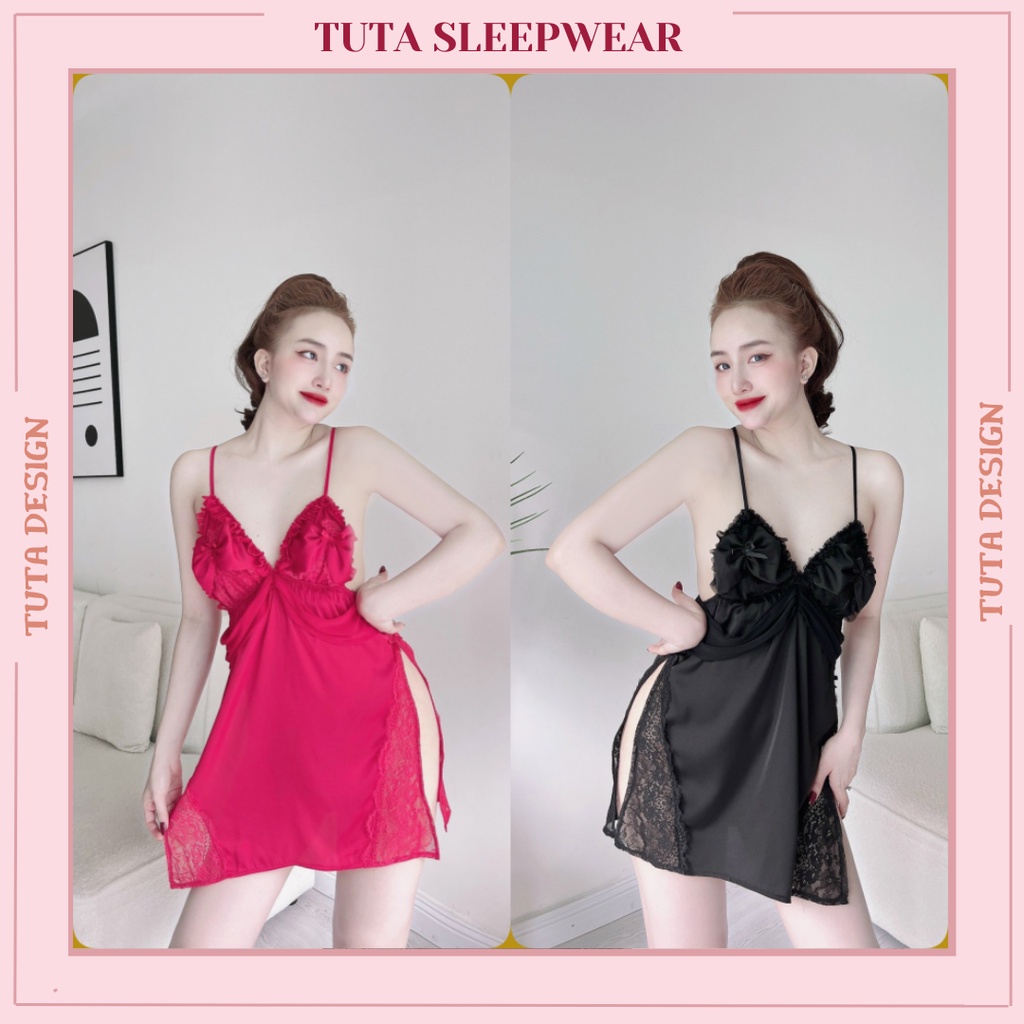 Váy Ngủ Nữ Sexy Phối Ren TUTA Đầm Ngủ Xẻ Tà Gợi Cảm V202