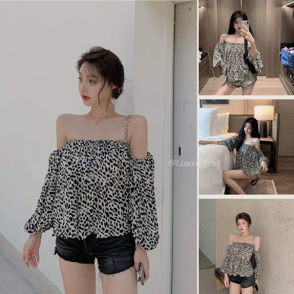 Áo Trễ Vai Họa Tiết Da Beo Khoe Xương Quai Xanh Quyến Rũ [Cosoo]