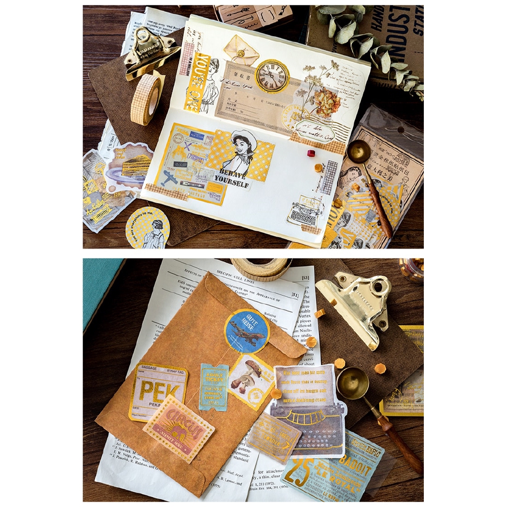 Set 60 miếng dán trang trí sổ tay / nhật ký diy màu vàng cổ điển