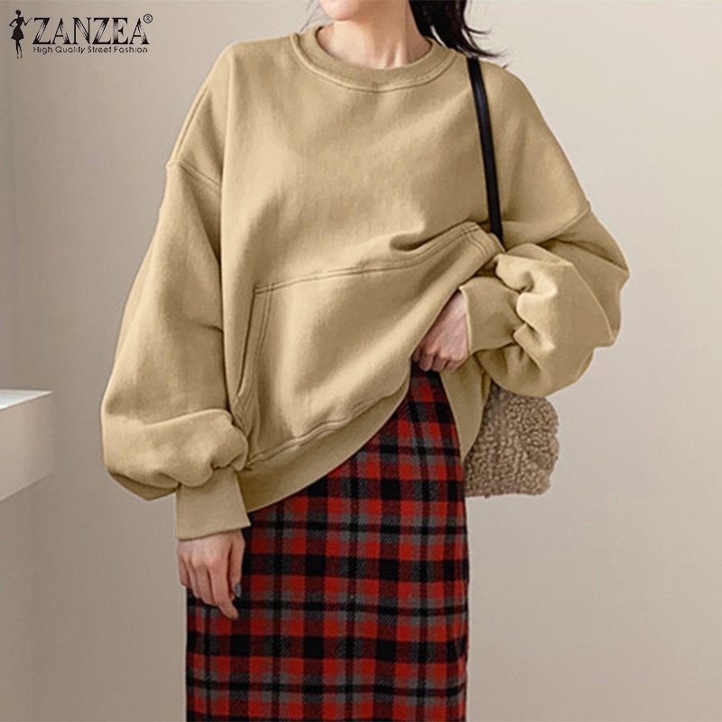 Áo sweatshirt ZANZEA cổ tròn dáng rộng tay dài màu trơn thời trang đường phố cho nữ