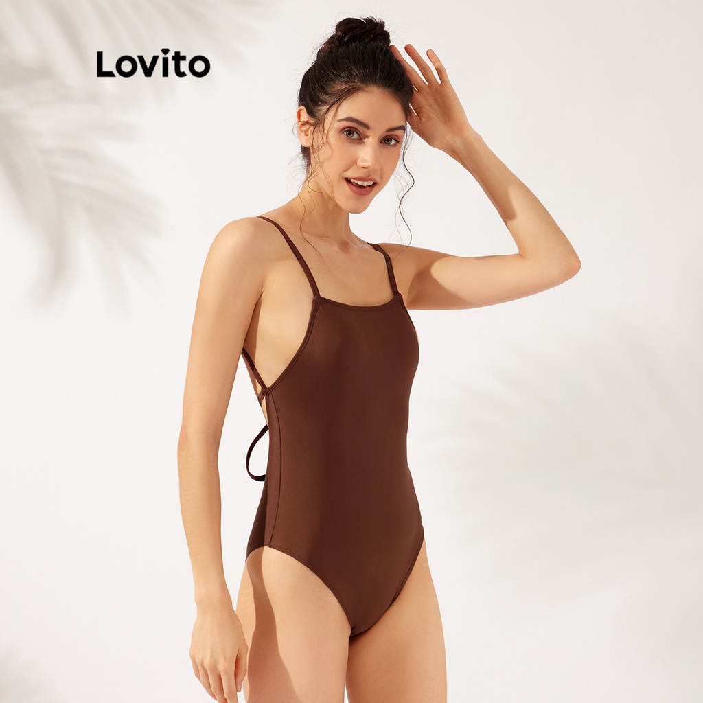 Đồ bơi một mảnh Lovito hở lưng màu trơn thanh lịch L23AD076 (màu nâu)