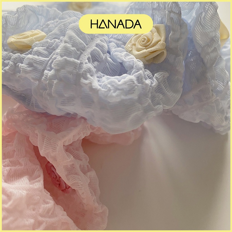 Dây Buộc Tóc Vải Hình Hoa Thêu, Cột Tóc Scrunchies Màu Pastel Xanh Hồng Dễ Thương Hanada K4-V005
