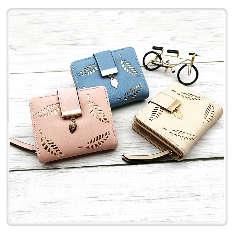 Ví Ngắn Cầm Tay Có Khóa Kéo Họa Tiết Lá Rỗng Phong Cách Hàn Quốc Cho Nữ Giá Đỡ