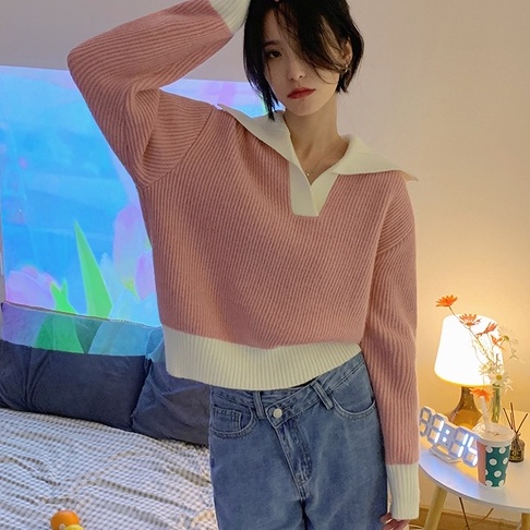 Áo polo ZHELIHANGFEI dệt kim tay dài dáng rộng dễ phối đồ