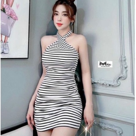 Đầm body chéo cổ Sọc Ngắn quyến rũ
