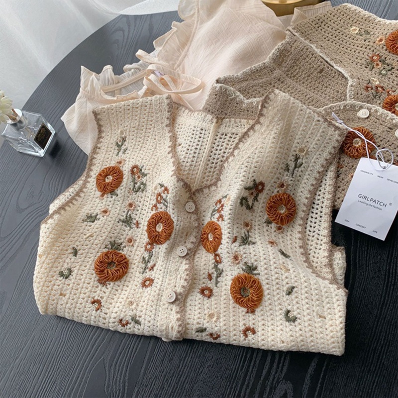 Áo Khoác Cardigan Dệt Kim Không Tay Cổ Chữ V Cài Nút Thêu Họa Tiết Hoa Lá Thời Trang Mùa Xuân Cho Nữ
