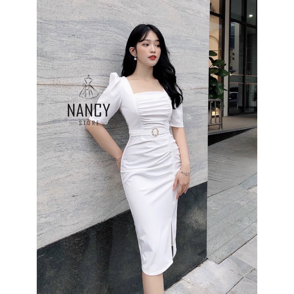 Đầm body thiết kế cổ vuông, tay bồng, nhún bụng, đai eo đá sang trọng Nancy A15