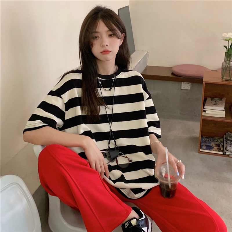 Áo thun SUXI cổ tròn dáng rộng họa tiết kẻ sọc thời trang mùa hè phong cách vintage cho nữ