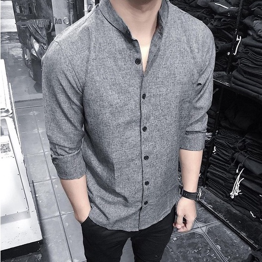 Áo sơ mi nam dài tay áo kiểu hàn quốc công sở đẹp Áo sơ mi nam cổ Trụ Màu Xám Tiêu Nhạt LSM0010 - Hàng mới về