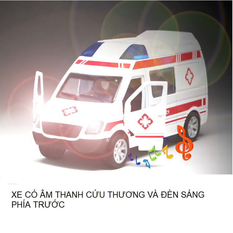 Mô hình xe cứu thương mini đồ chơi trẻ em có âm thanh và đèn xe mở được 1 cửa trước