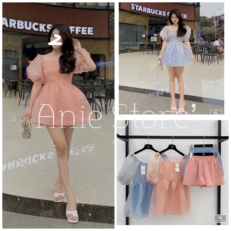 Bộ Áo Babydoll Voan Kính Cổ Vuông Quần Short 🦋 Set Áo Nữ Cộc Tay 2 Lớp Kèm Quần Đùi 2 Màu 🦋
