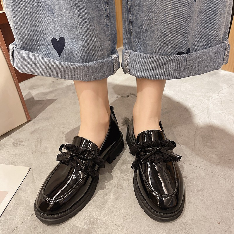 Oxfords Nữ Giày Bệt Có Nơ, Giày Búp Bê Lười Phong Cách Anh Quốc (Da Bằng Sáng Chế)