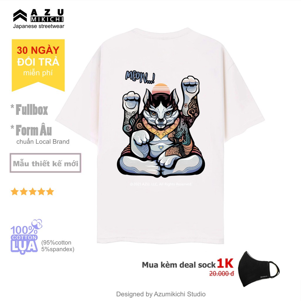 Áo thun tay lỡ bigsize AZUMIKICHI 100% Cotton Unisex, áo thun form rộng in hình MEOW