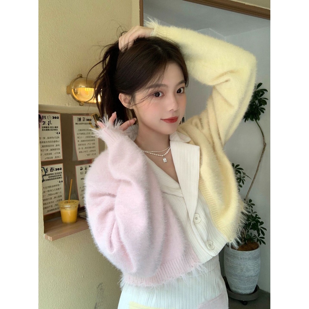 ✔Bộ Áo Sweater Giả Lông Chồn + Chân Váy Dệt Kim Màu Sắc Ngọt Ngào Phong Cách Phương Tây Cho Nữ