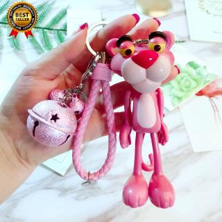 Pink Panther Keychain Handwork Leather Rope Holder Metal Bell Leopard Keyring Pendant