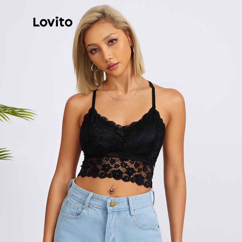 Áo ngực Lovito hở vai đan dây chéo màu trơn phối ren với đệm che hết có thể tháo rời phong cách thường ngày L18X287 (Màu trắng/đen)