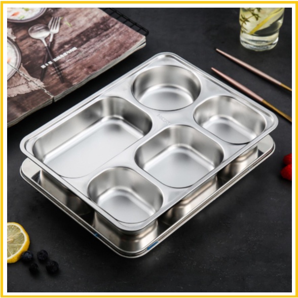 KHAY ĐỰNG THỨC ĂN 5 NGĂN INOX 304 CAO CẤP AN TOÀN CHO SỨC KHỎE, CHO BÉ ĂN DẶM, KÍCH THƯỚC: 33cm X 25cm X 4cm