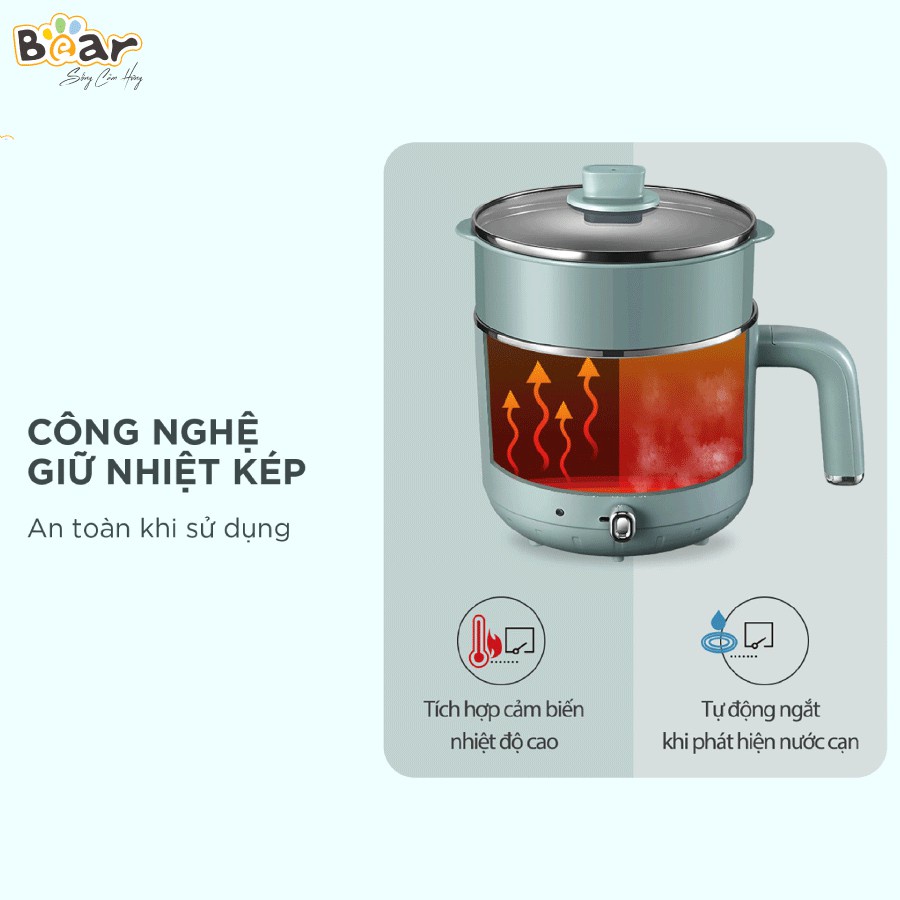 Nồi lẩu mini đa năng 2 tầng Bear DRG-D12M5, Ca nấu lẩu mini gia đình, 3 lớp cách nhiệt, Công nghệ giữ nhiệt kép,Bh 18t