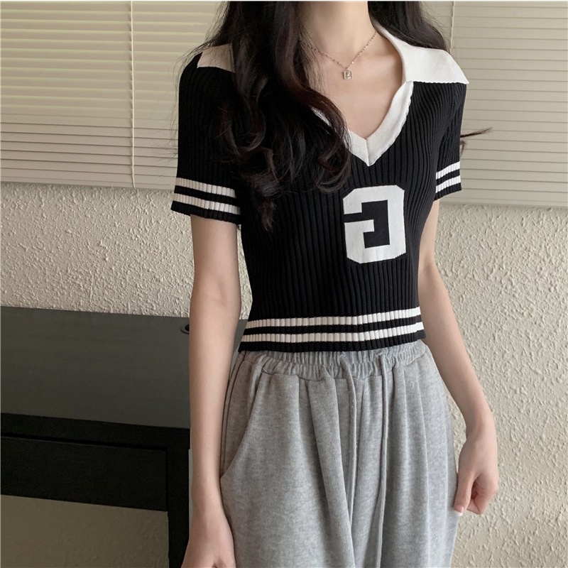 Áo kiểu ZHELIHANGFEI dệt kim tay ngắn cổ chữ V dáng rộng trẻ trung thời trang