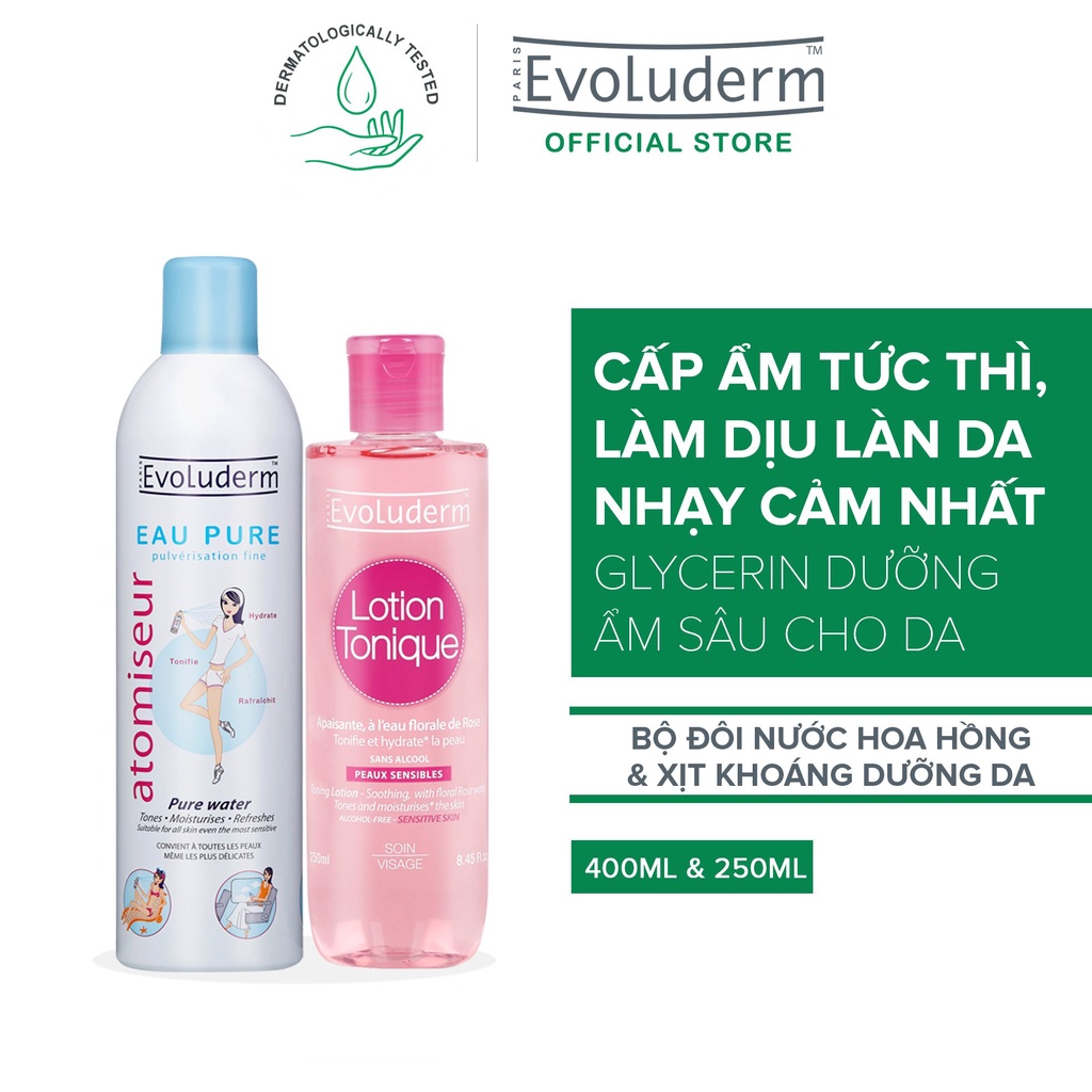 Bộ Xit khoáng Evoluderm Atomiseur Eau Pure 400ml và Nước hoa hồng Evoluderm cho da nhạy cảm 250ml