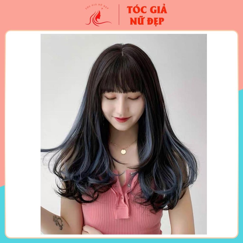 Tóc giả nữ đẹp nguyên đầu xoăn lửng phối line xanh coban, TGND, C8267