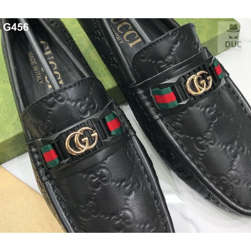 Giầy lười mọi khâu xanh đỏ da sần có logo mới đen kèm video