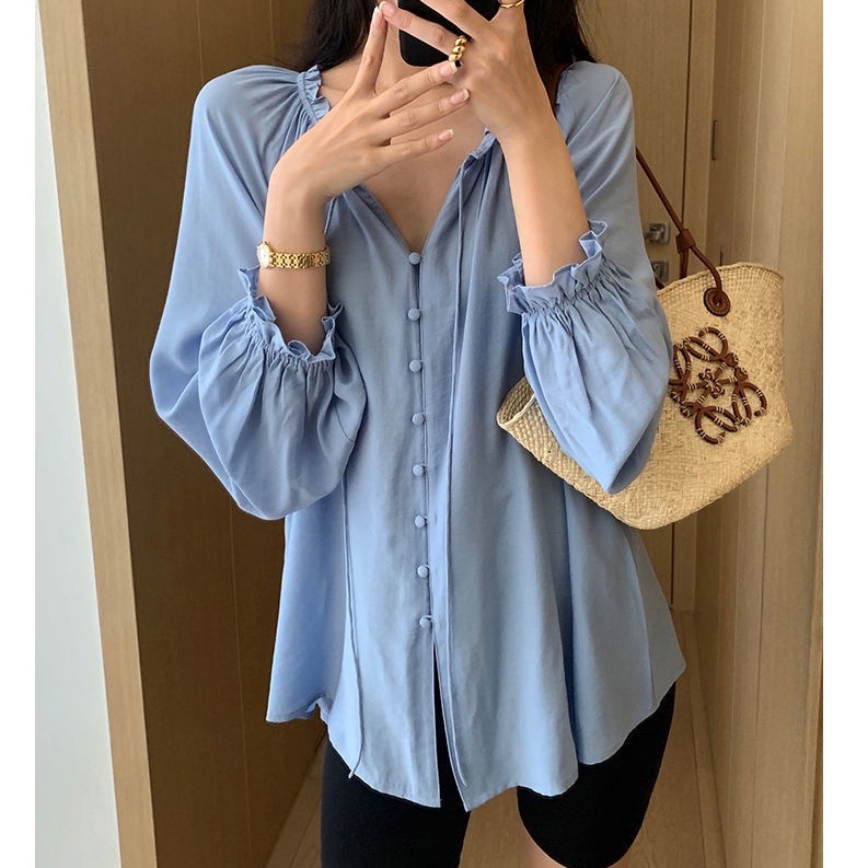 Áo chiffon BH cổ lá sen tay dài dáng rộng thời trang mùa thu 2022