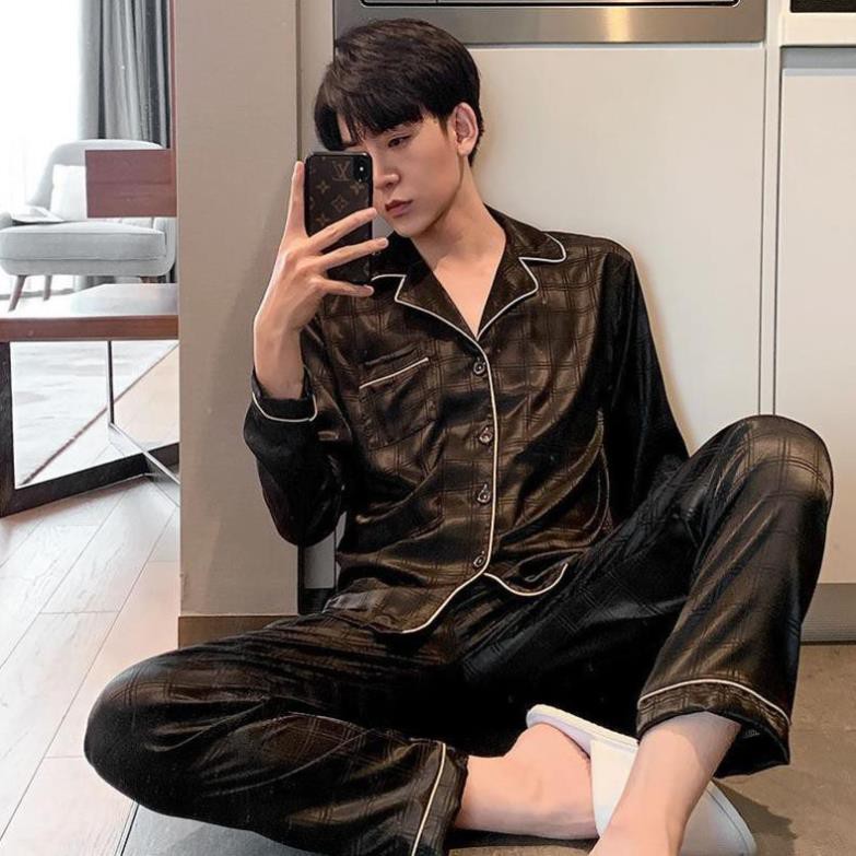 ☌✁Ice silk pyjama nam xuân hè size lớn mới dài tay phù hợp với sinh viên trẻ mùa thu đông phục vụ tại nhà  ྆  ཾ