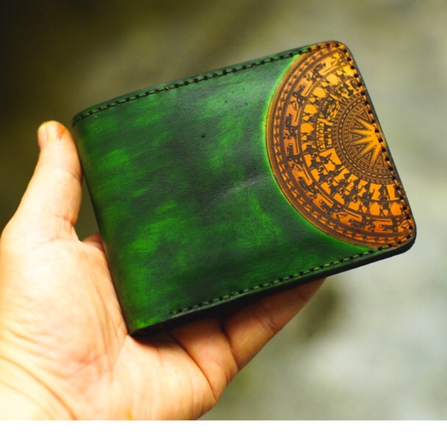 Ví nam da bò RAM Leather Handmade Trống Đồng Việt Nam Xanh Lá (Trống Vàng) Da Bò Italia Vegtan