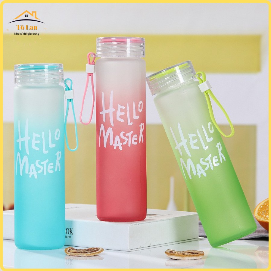 Bình Nước Thủy Tinh Dung Tích 450ml Hello Master / Bình Đựng Nước Có Dây Xách