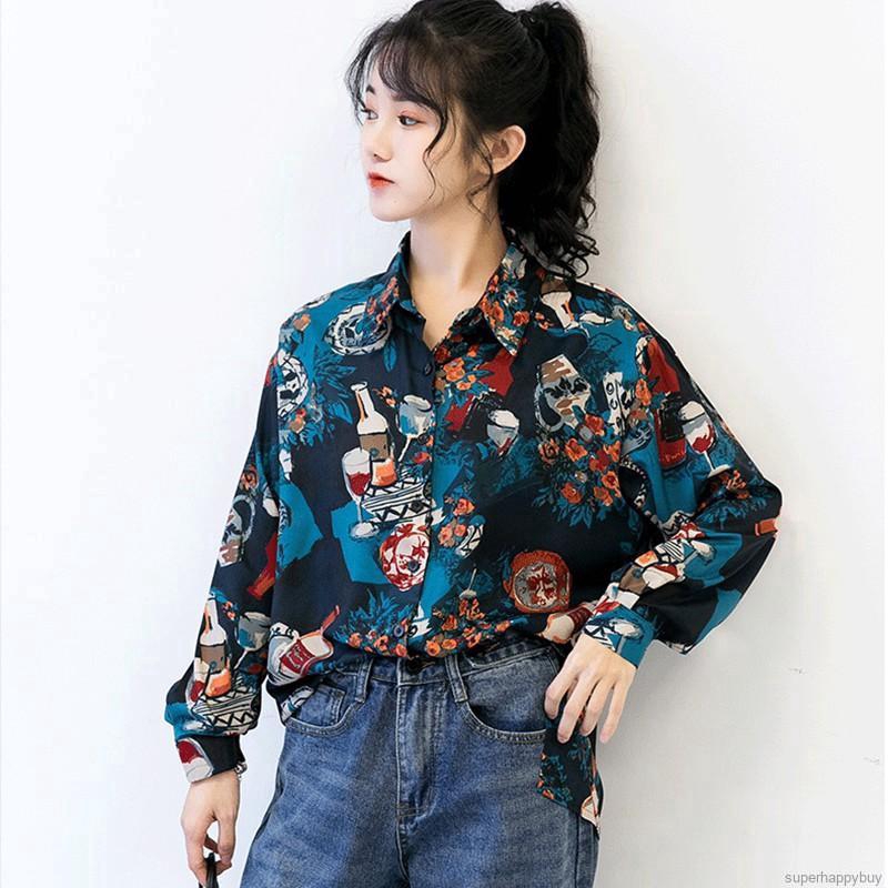 Áo sơ mi chiffon nữ in hoa tay dài thời trang Hàn dáng rộng | BigBuy360 - bigbuy360.vn
