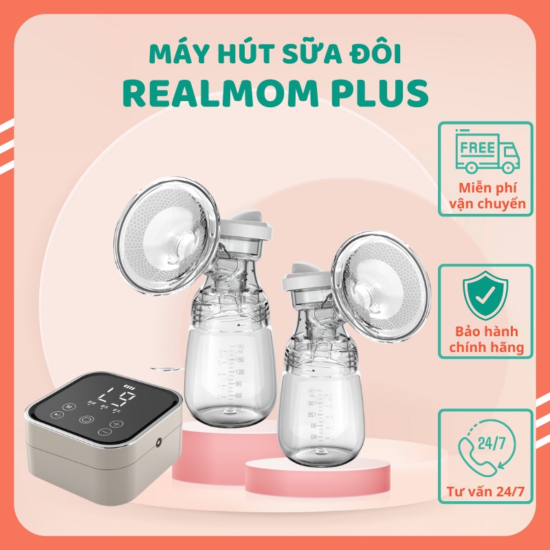 Máy hút sữa điện đôi REALMOM, Máy hút sữa 9 cấp độ êm ái, mô phỏng nhịp bú của bé, Bảo hành 6 tháng