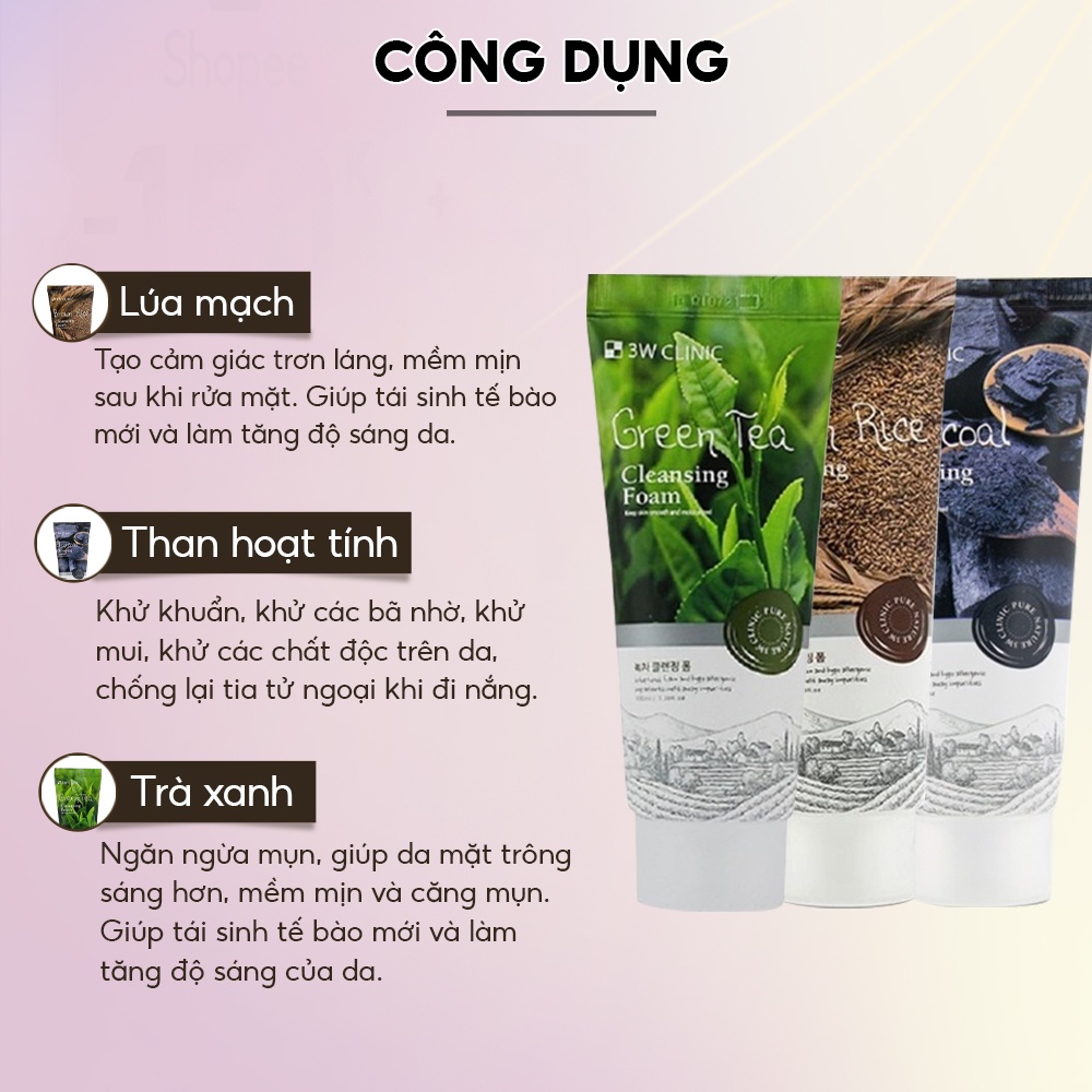 Sữa rửa mặt trắng da giảm mụn từ thiên nhiên 3W Clinic Hàn Quốc 100ml giúp da trắng sáng mềm mịn tự nhiên