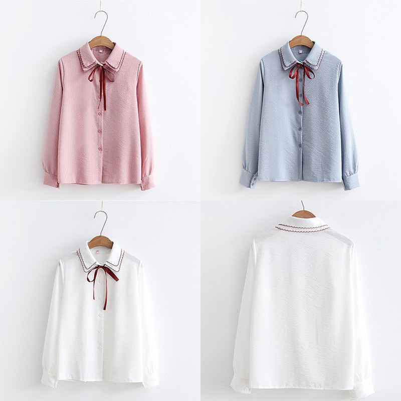 Korean Style Sweet Lace-up Bow Women's Blouse Fashion Casual Stripe Print Double-layer Blouses | BigBuy360 - bigbuy360.vn
