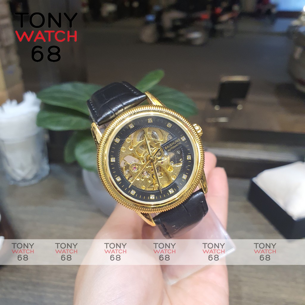 Đồng hồ cơ nam lộ máy giá rẻ dây da chính hãng Baishuns chống nước Tony Watch