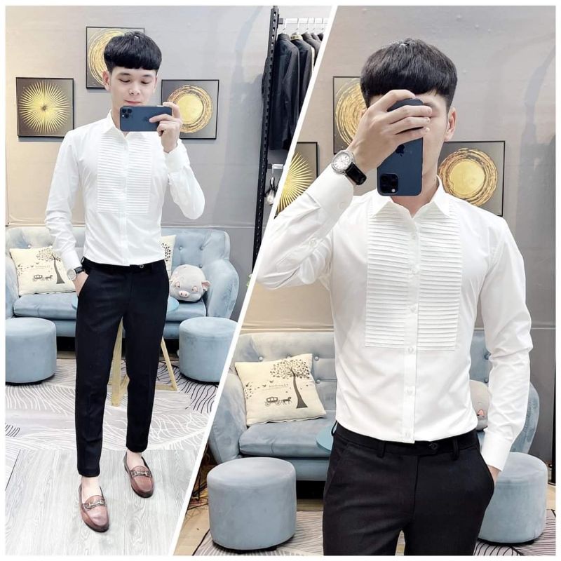 Sơ mi nam xếp ly vuông ngực cao cấp