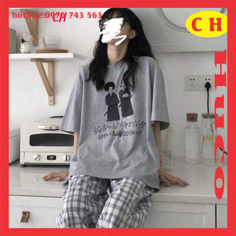 sét trang phục,áo phông, thun hè xám samurai mix quần kẻ ống rộng sét đồ nam nữ basic form thụng unisex freesize ulzzang