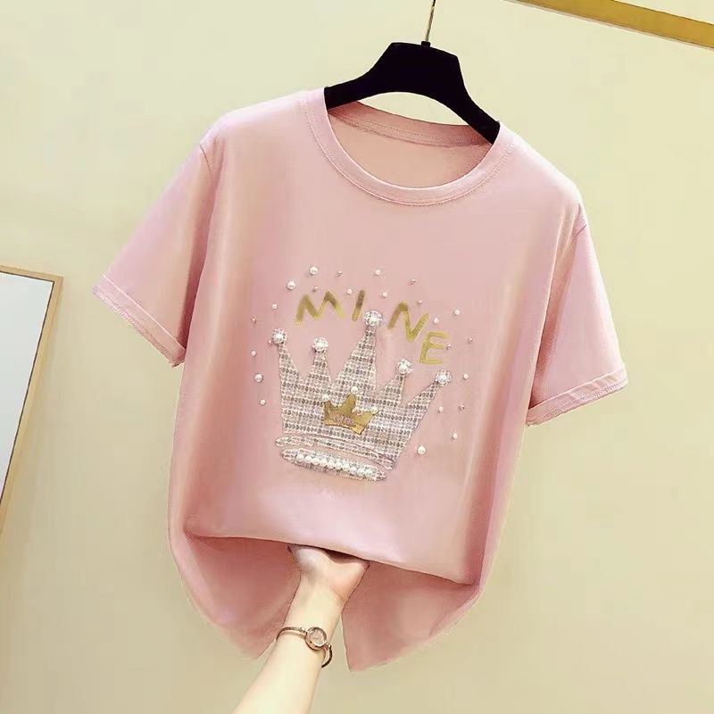 Áo thun cotton tay ngắn dáng rộng in hình đính hạt thời trang mùa hè phong cách Hàn Quốc 2022