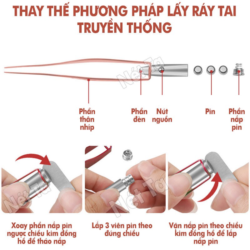 Bộ dụng cụ lấy ráy tai có đèn 2 món gồm cây móc tai và nhíp gắp ráy tai cao cấp, an toàn kể cả trẻ nhỏ kèm hộp nhôm đựng