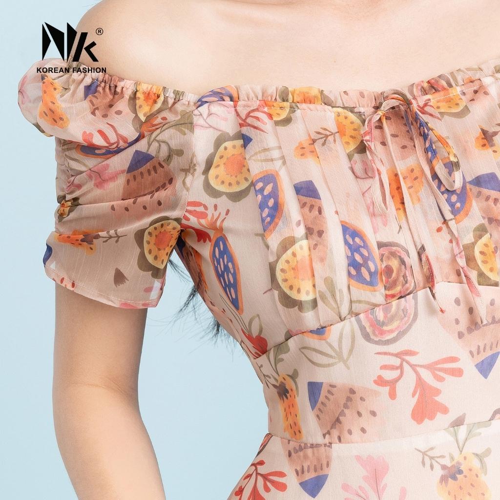 Đầm Hoa Xòe Phối Ngực Nhún NK Fashion Thiết Kế Cổ Vuông Nữ Tính, Chất Liệu Vải Cao Cấp NKDV2203009
