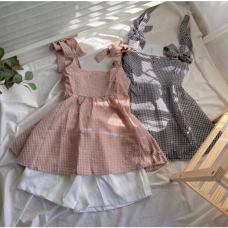 Sét Bộ 2 Dây Nơ Vai Kẻ Chất Xốp Kèm Quần Short, Sét Bộ Ngủ Babydoll Cute